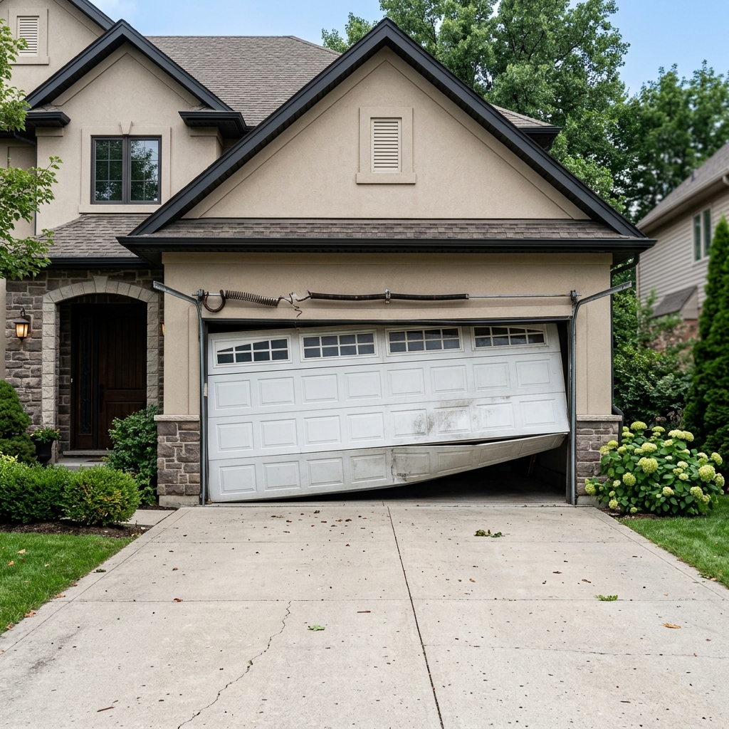 A crooked garage door jammed out of alignment
