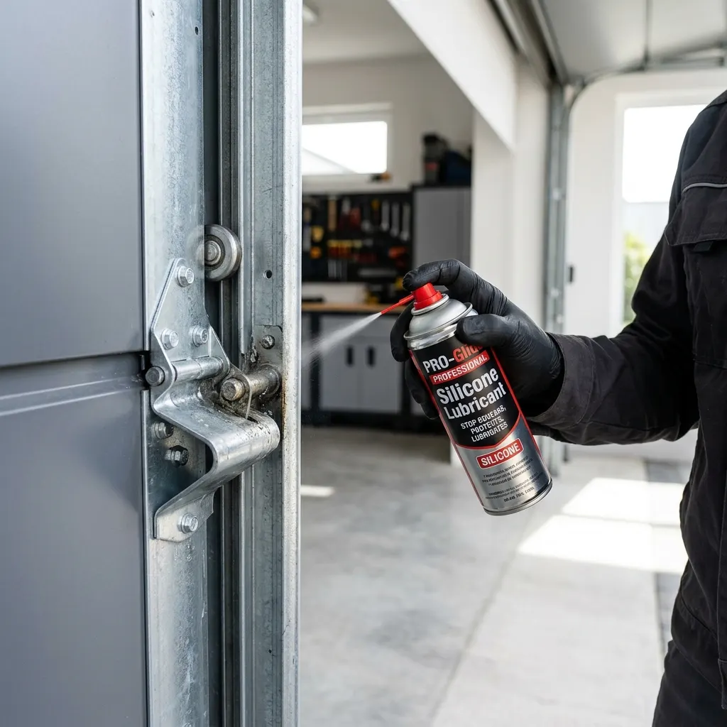 Spraying professional silicone lubricant on a garage door hinge