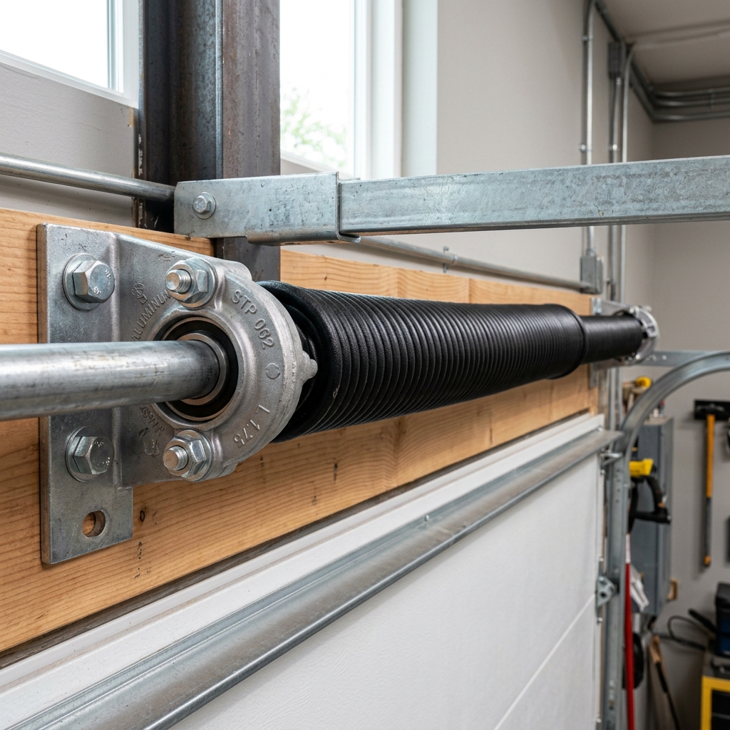 Clean new black torsion spring installed on steel shaft