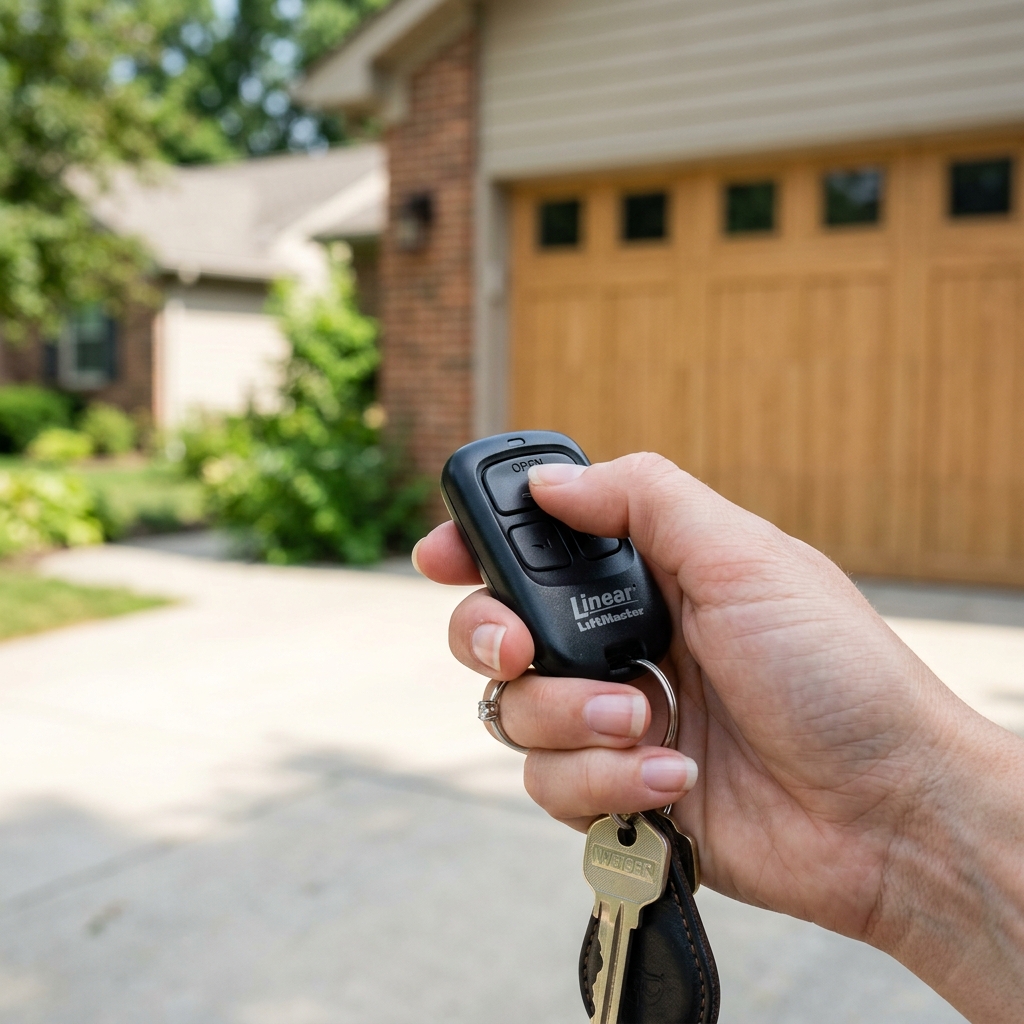 Person holding a black garage door remote clicker