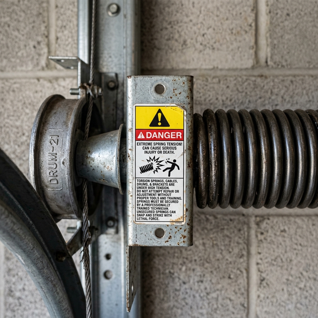 Danger warning sticker near high tension torsion spring