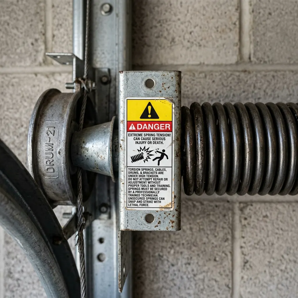 Danger warning sticker near high tension torsion spring