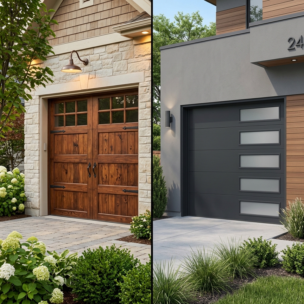 Stained wood door next to steel garage door